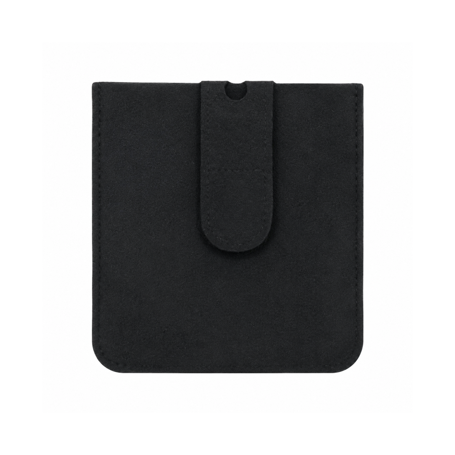Black fabric pouch with central loop strap and snap-closure, front view