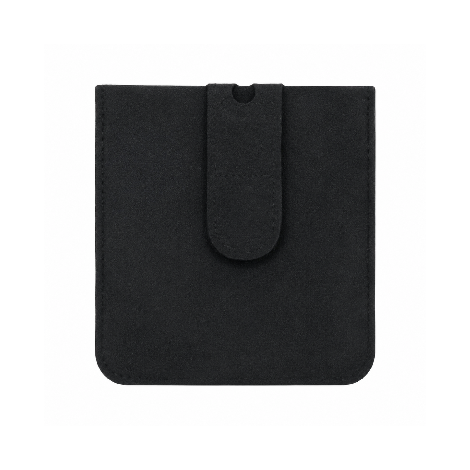 Black fabric pouch with central loop strap and snap-closure, front view