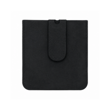 Black fabric pouch with central loop strap and snap-closure, front view