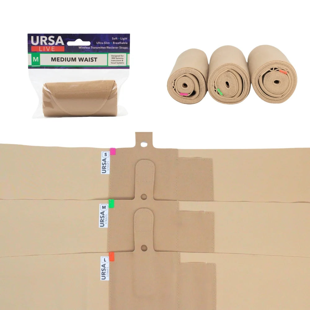 Live Strap single pouch in beige, shown with rolled pouches and sizing tags