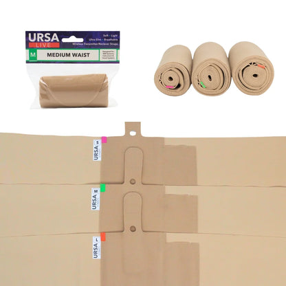 Live Strap single pouch in beige, shown with rolled pouches and sizing tags