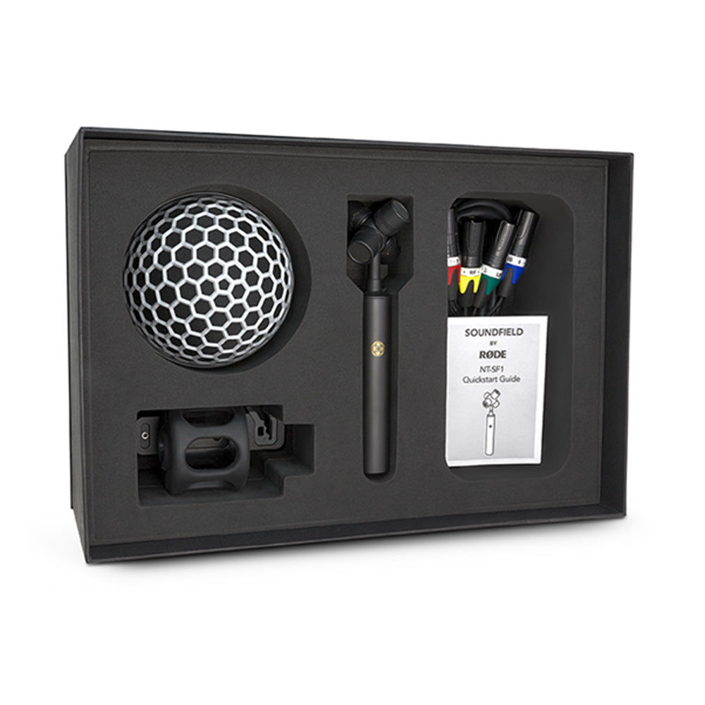 RØDE NT-SF1 ambisonic microphone kit with mic, cables, adapter, and quickstart guide