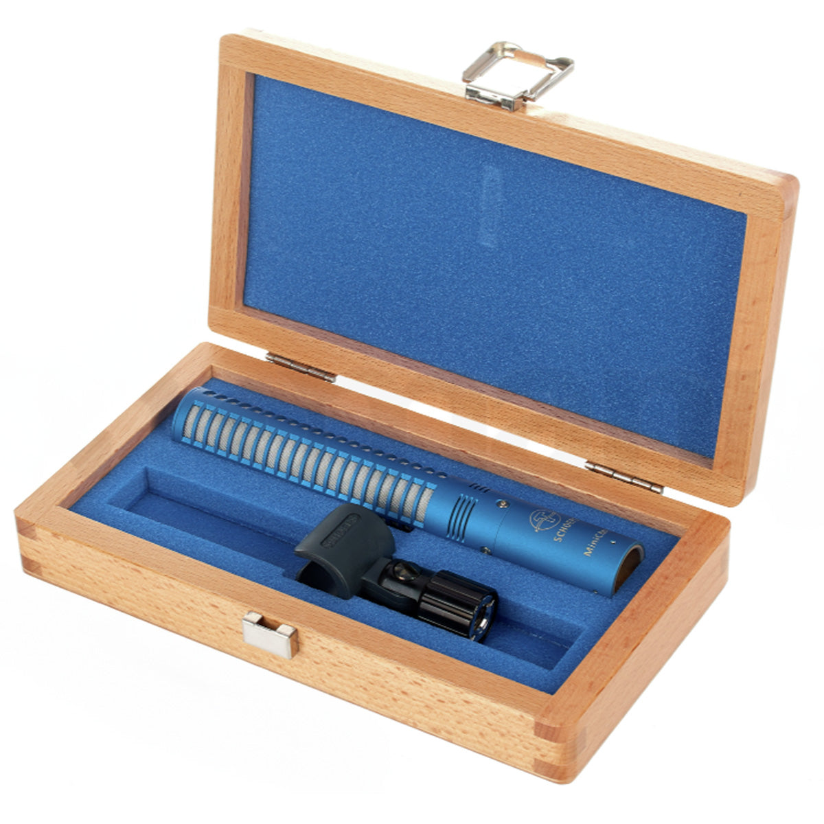 Miniature shotgun microphone in open wooden storage case with foam insert