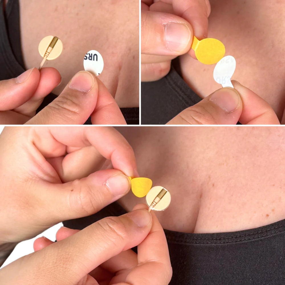 Mini sticky circles close-up: hands placing multiple round dots on skin and shirt