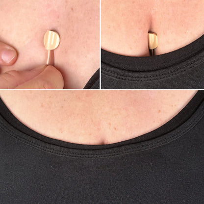 Mini sticky circles on black fabric neckline: small round adhesive dots ready to peel