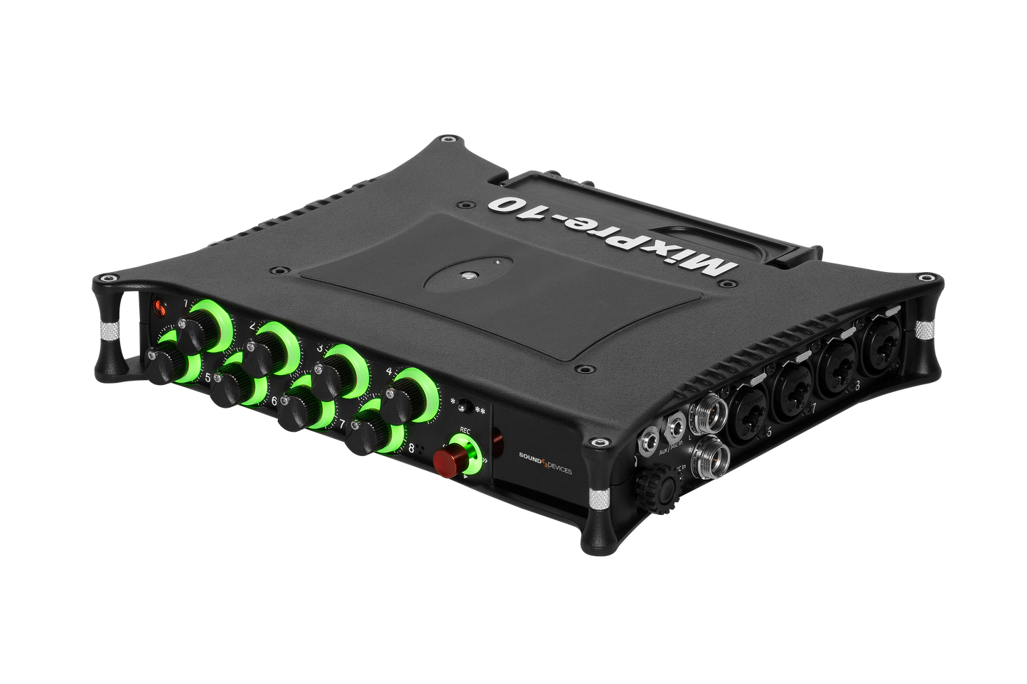 Black audio mixer with green illuminated knobs and control buttons on top panel