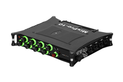 Black audio mixer with green illuminated knobs and control buttons on top panel