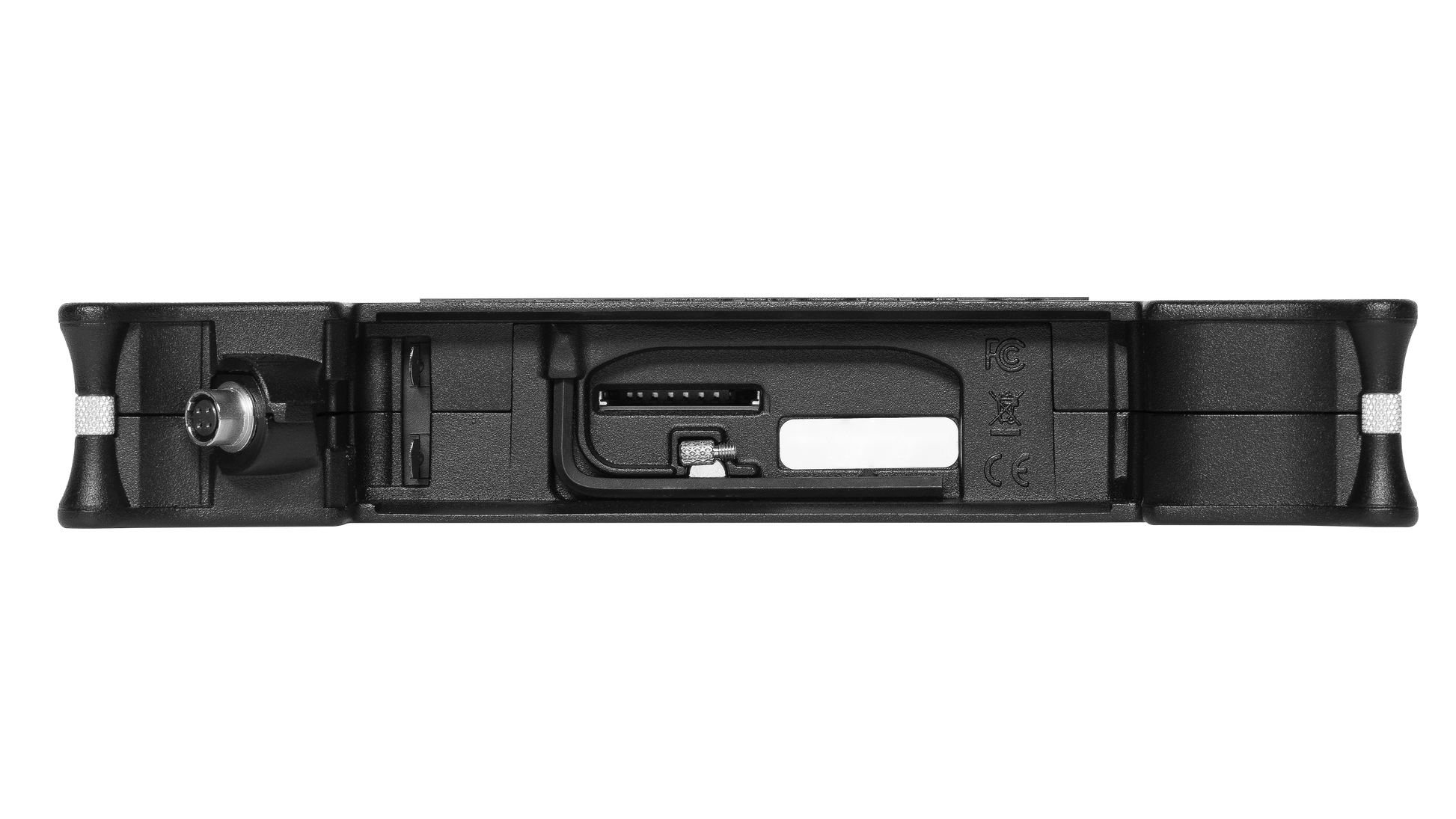 Black audio mixer rear panel with ports and connector area