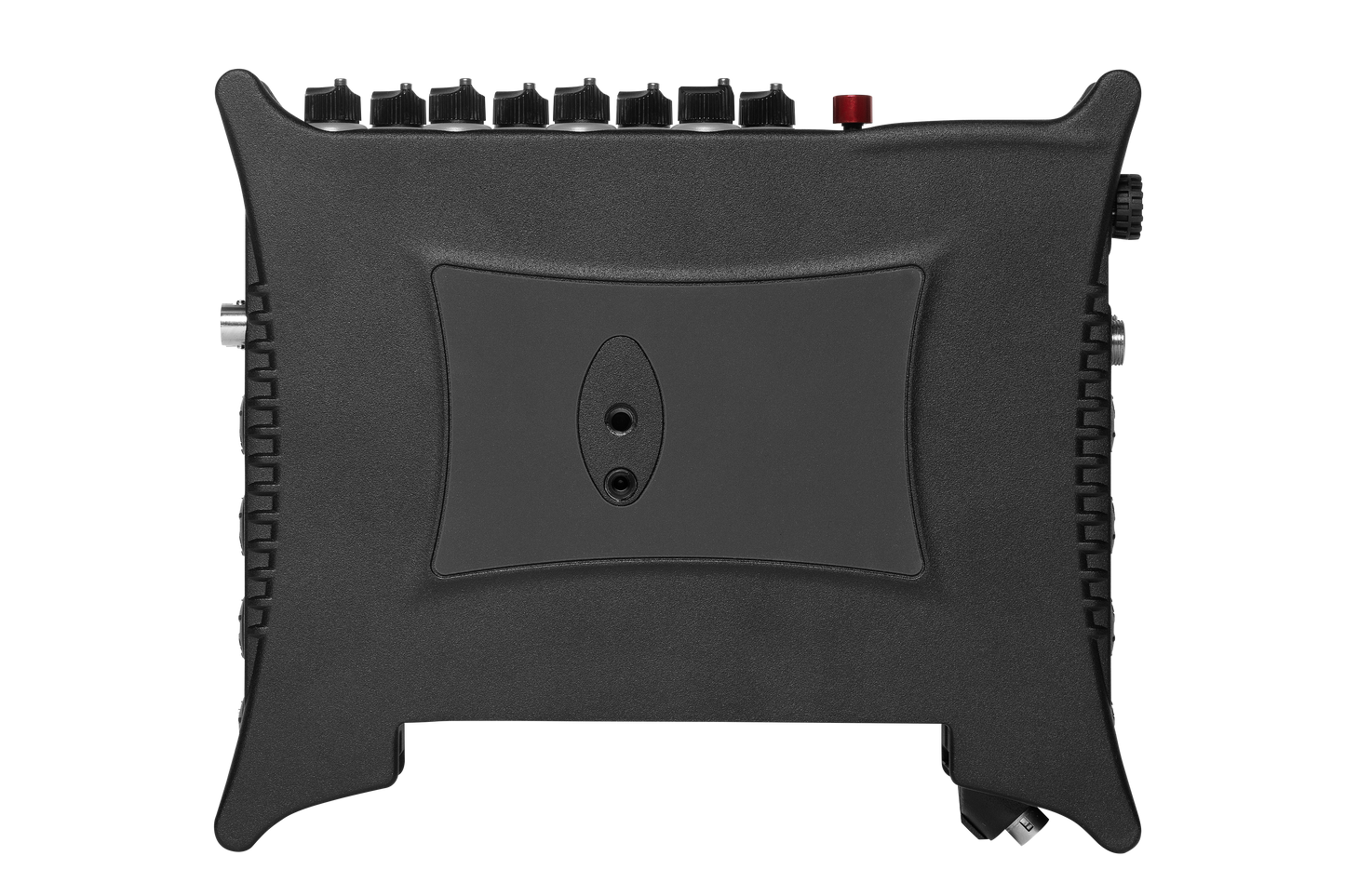 Black audio mixer side control housing with recessed speaker-like grille