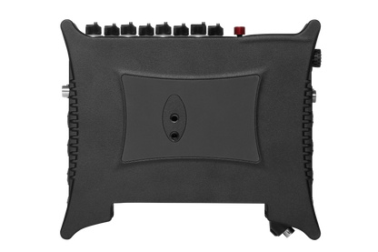 Black audio mixer side control housing with recessed speaker-like grille