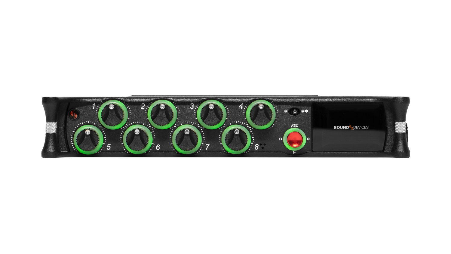 Black audio mixer front panel with numbered green rotary knobs and status lights