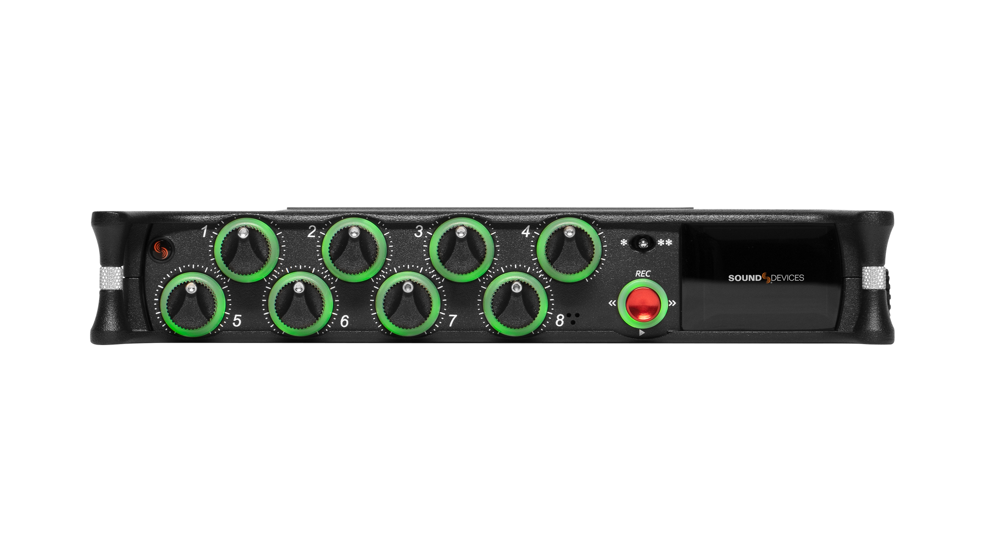 Black audio mixer front panel with numbered green rotary knobs and status lights