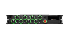 Black audio mixer front panel with numbered green rotary knobs and status lights