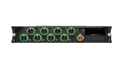 Black audio mixer front panel with numbered green rotary knobs and status lights