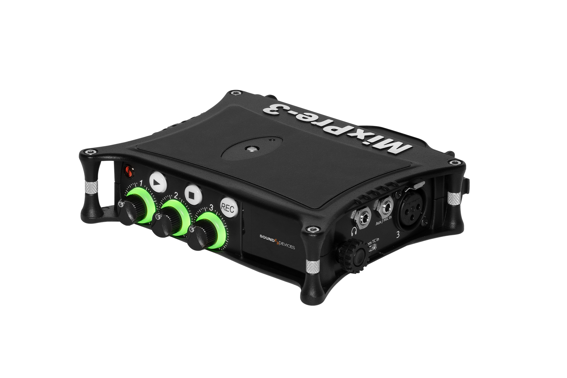 Portable audio recorder/interface with green knobs and control panel, black metal chassis.