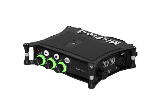 Portable audio recorder/interface with green knobs and control panel, black metal chassis.