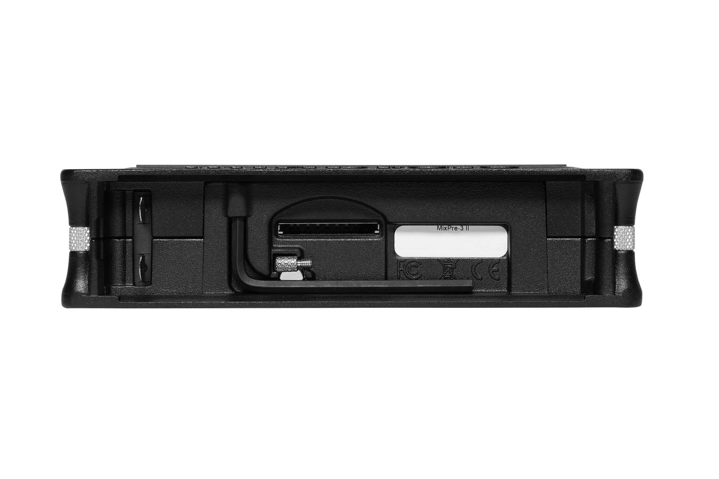 Back view of black portable audio recorder/interface with ports and connections panel.