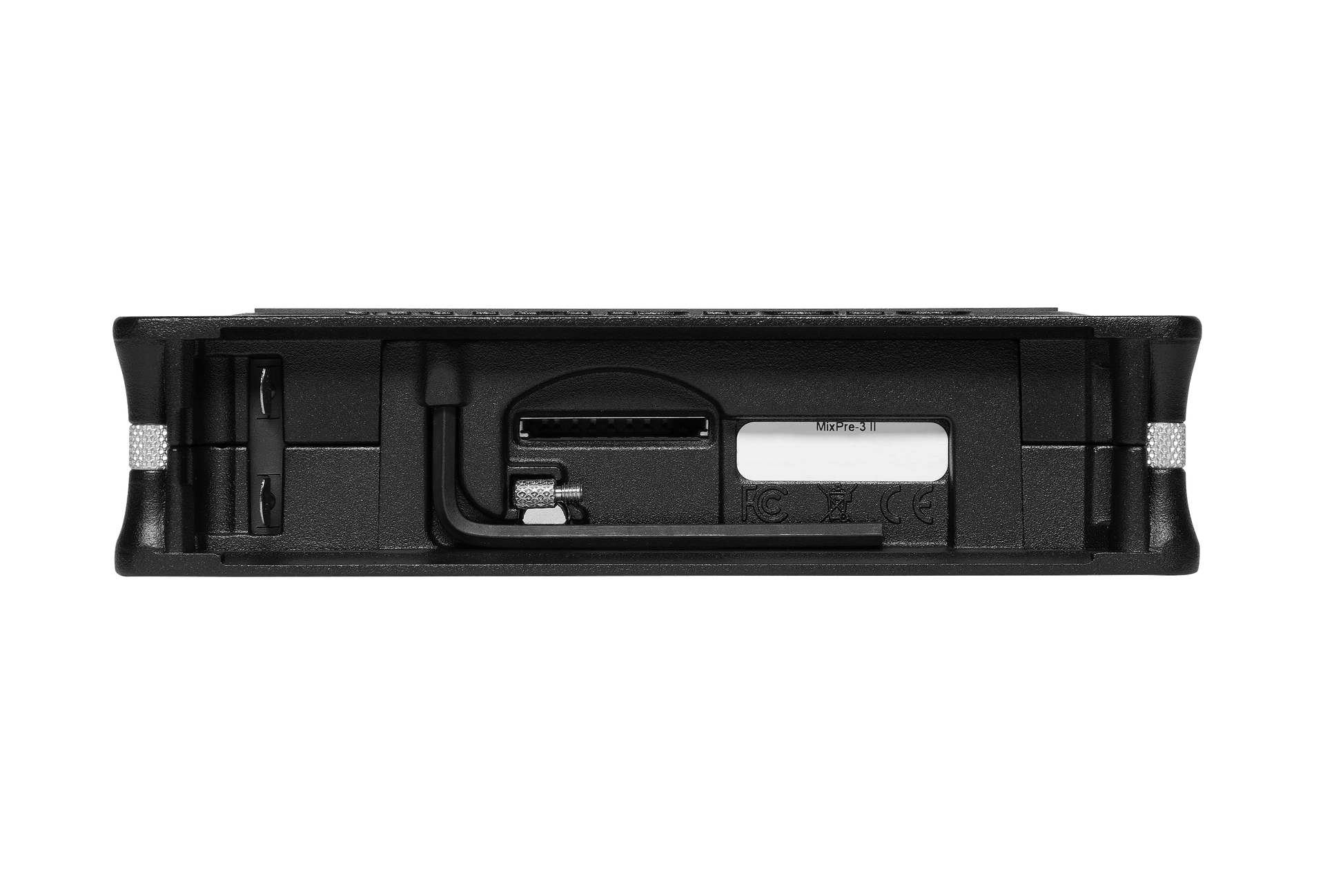 Back view of black portable audio recorder/interface with ports and connections panel.