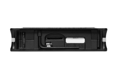 Back view of black portable audio recorder/interface with ports and connections panel.