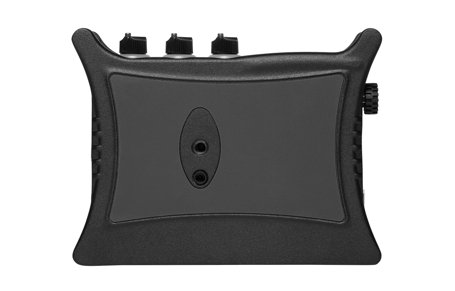 Black portable audio recorder/interface end panel with circular jack and raised grips.