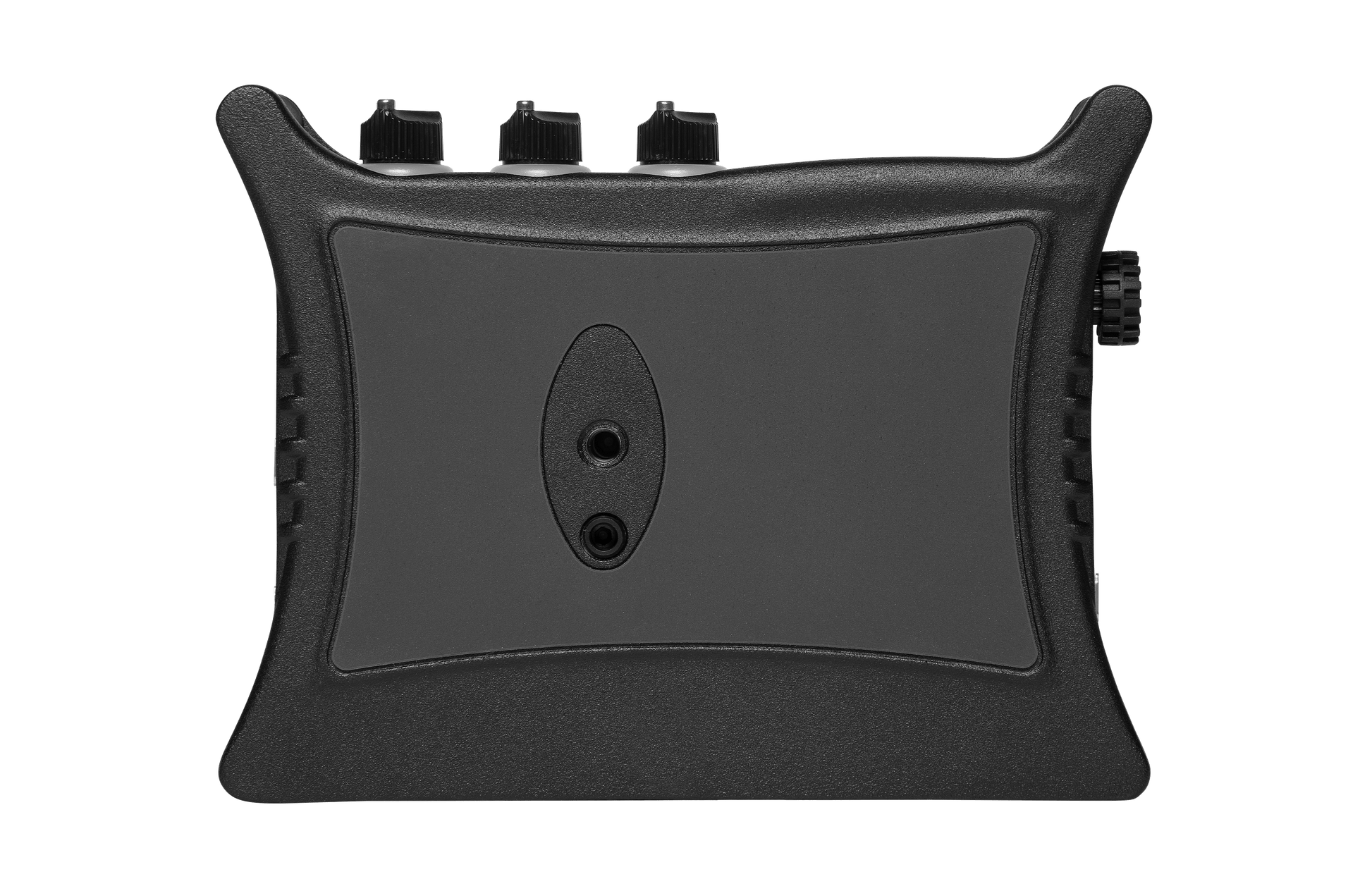 Black portable audio recorder/interface end panel with circular jack and raised grips.