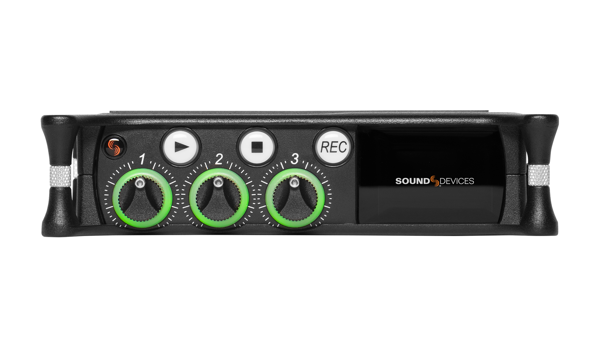 Front view of black portable audio recorder/interface with green level knobs and display.