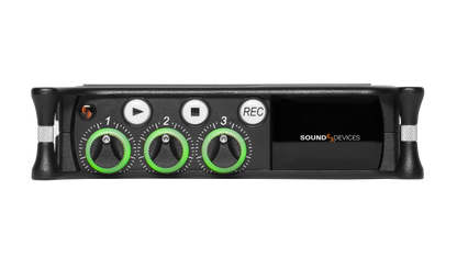 Front view of black portable audio recorder/interface with green level knobs and display.