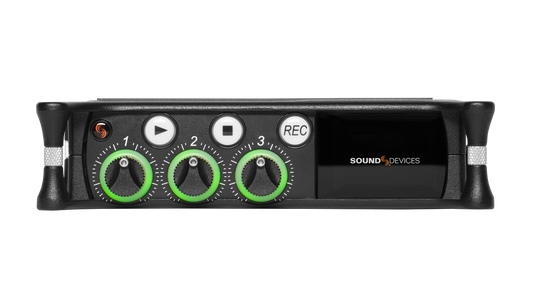 Front view of black portable audio recorder/interface with green level knobs and display.