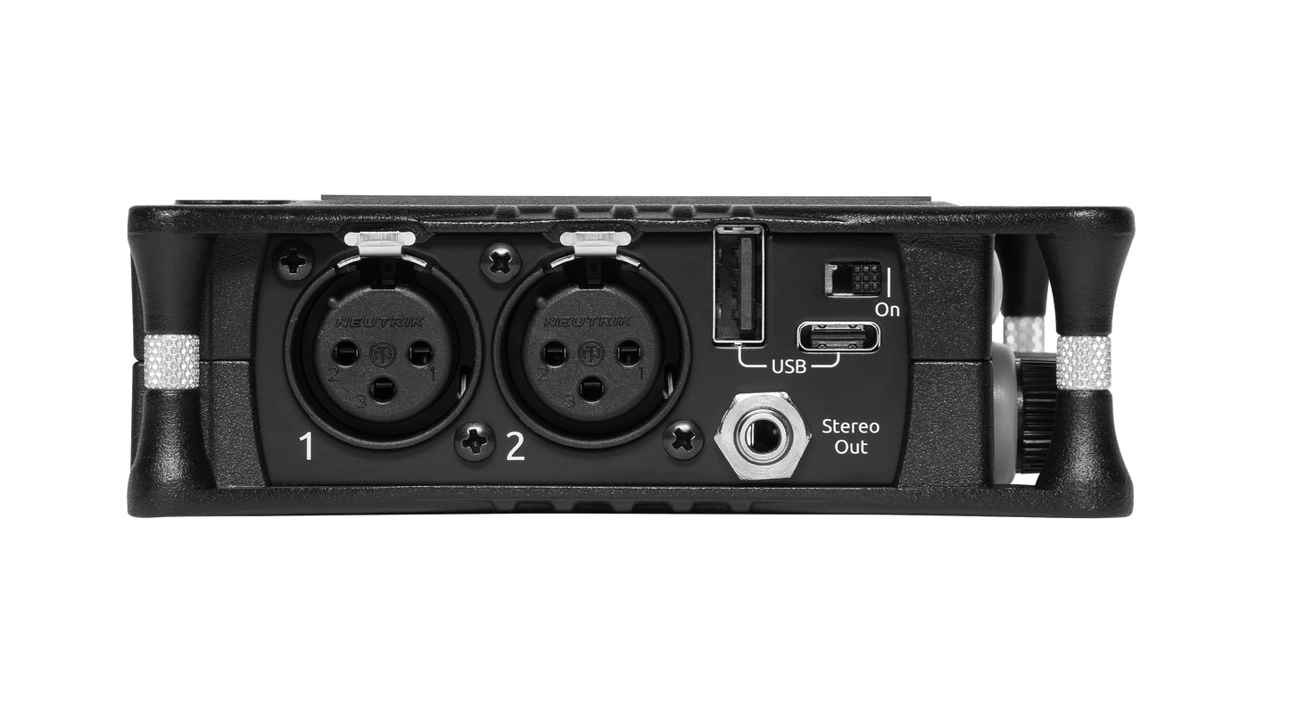 Rear panel of black portable audio recorder/interface with two XLR/inputs and USB.