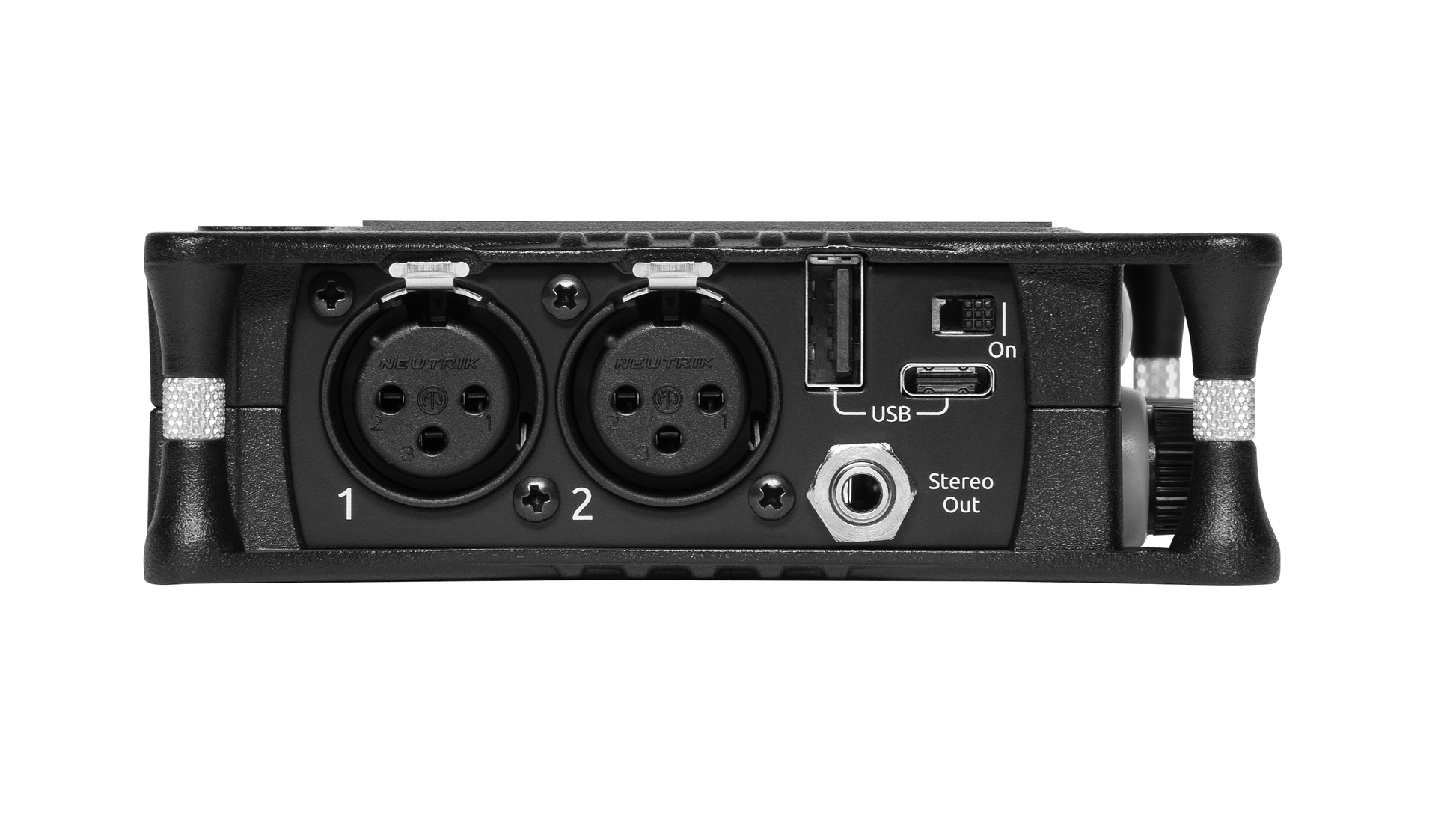 Rear panel of black portable audio recorder/interface with two XLR/inputs and USB.