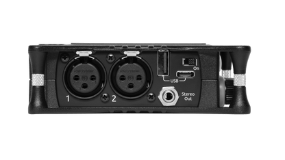 Rear panel of black portable audio recorder/interface with two XLR/inputs and USB.