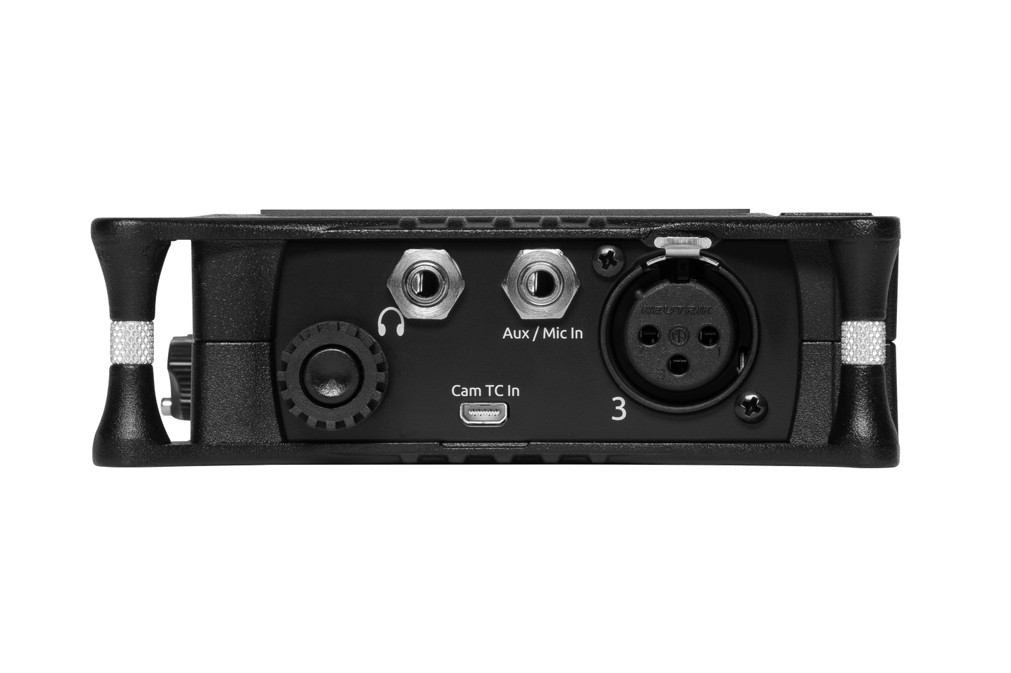 Side view of black portable audio recorder/interface with Aux/regular audio ports and controls.