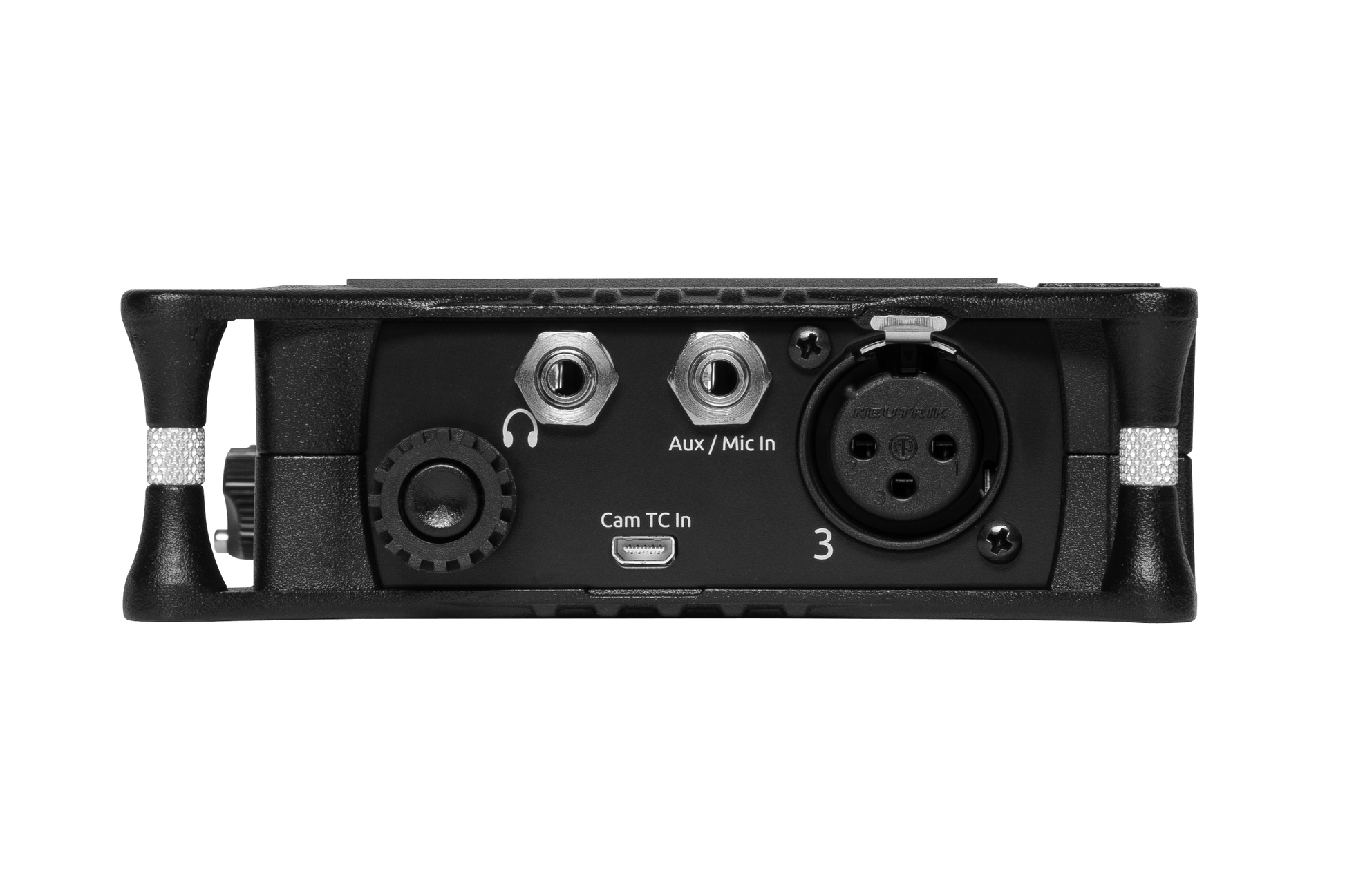 Side view of black portable audio recorder/interface with Aux/regular audio ports and controls.