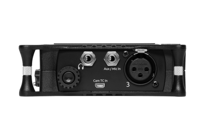 Side view of black portable audio recorder/interface with Aux/regular audio ports and controls.