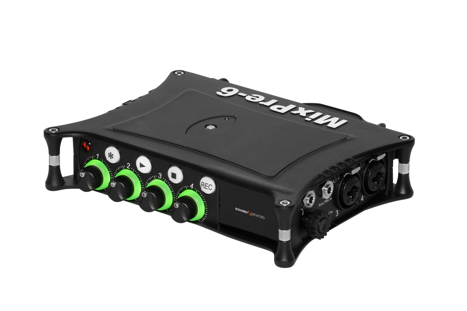 Black audio mixer/preamp with green control knobs and top panel switches