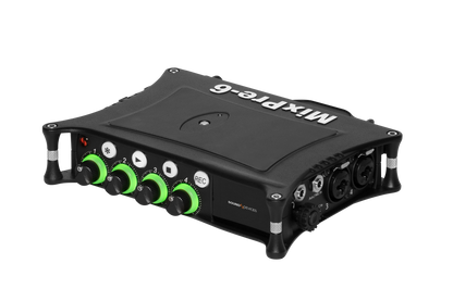Black audio mixer/preamp with green control knobs and top panel switches