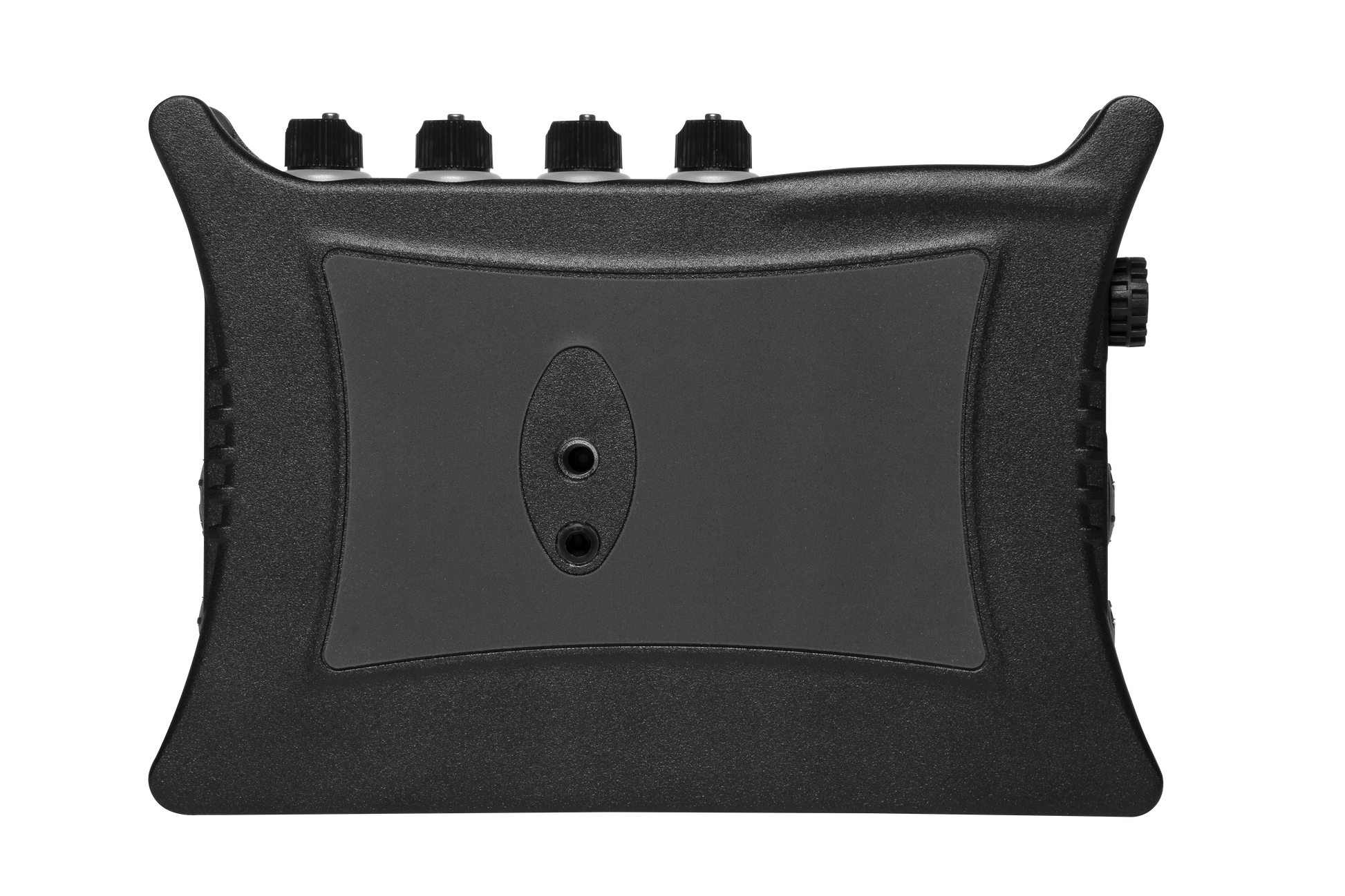 Front panel of black audio mixer/preamp with textured surface and oval window
