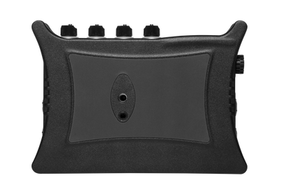 Front panel of black audio mixer/preamp with textured surface and oval window