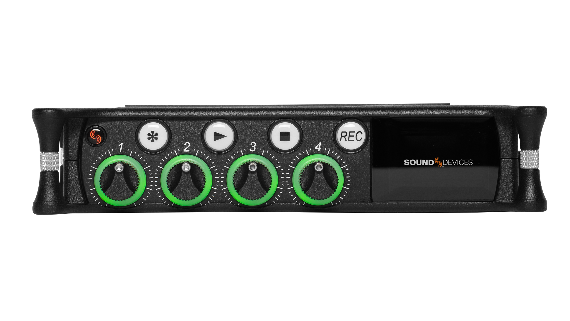 Top/front controls with numbered green knobs and REC indicator button