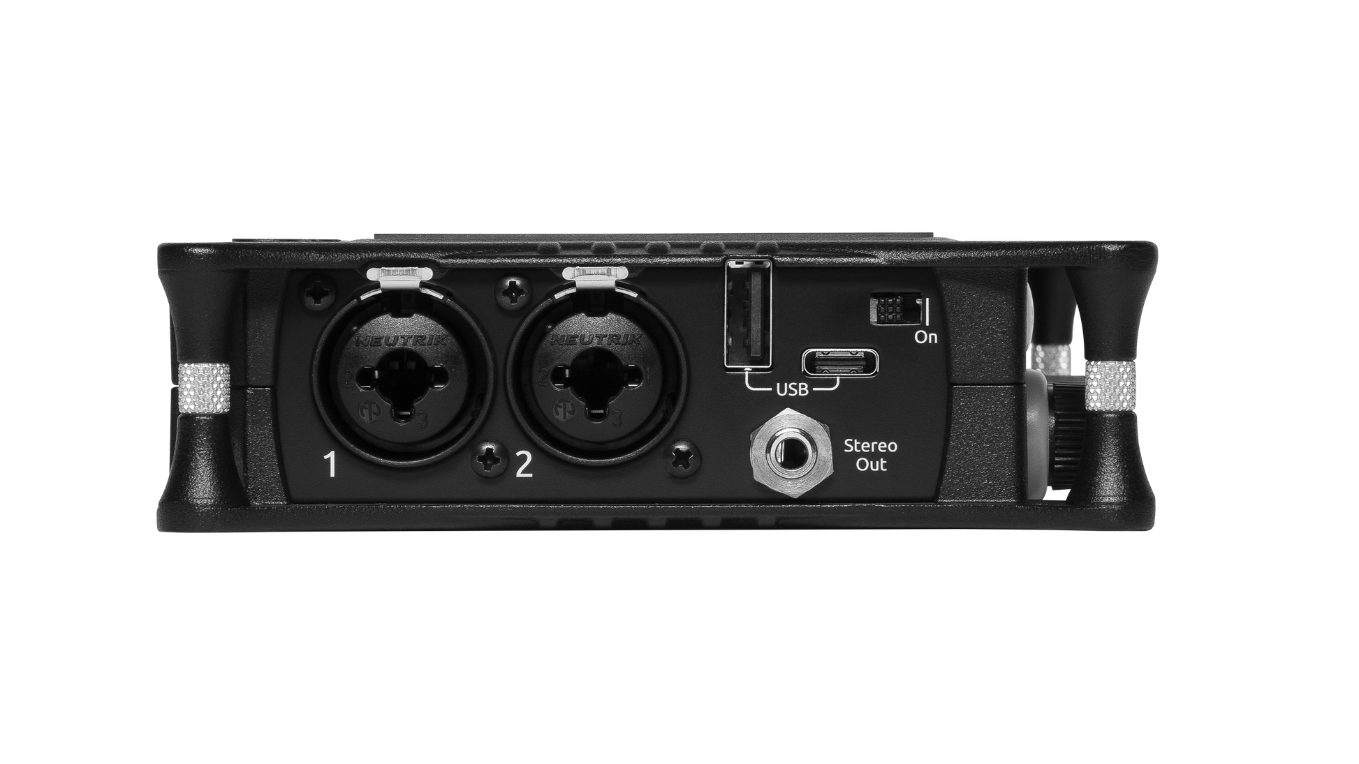Rear ports of black audio mixer/preamp with USB and Stereo Out connectors