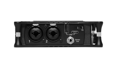 Rear ports of black audio mixer/preamp with USB and Stereo Out connectors