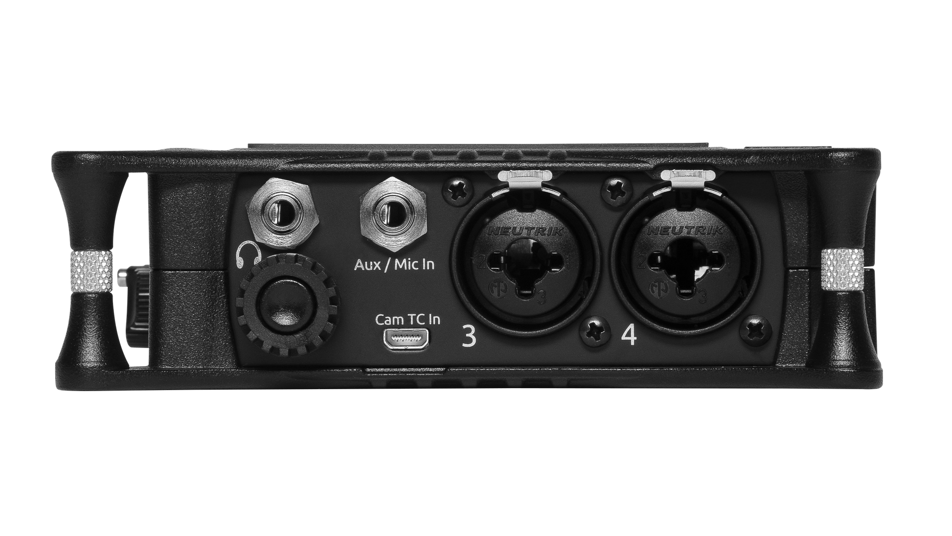 Side input panel with XLR connectors plus Aux/Mic In and Cam TC In controls