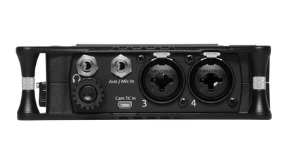 Side input panel with XLR connectors plus Aux/Mic In and Cam TC In controls