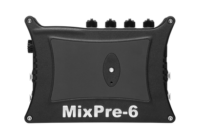 MixPre-6 black audio mixer/preamp with textured front panel and oval indicator
