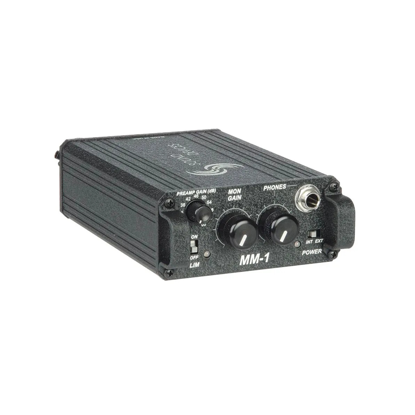 MM-1 mic preamp and headphone amp with gain knobs, phone jack, and power switch