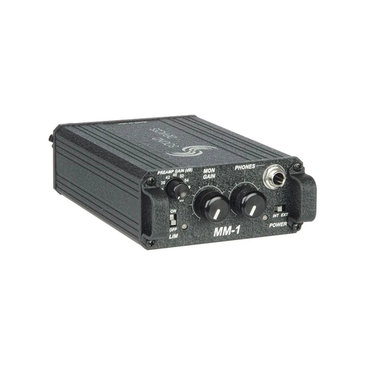 MM-1 mic preamp and headphone amp with gain knobs, phone jack, and power switch