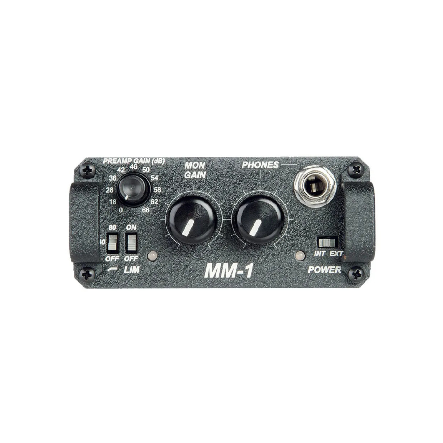 MM-1 mic preamp and headphone amp front panel with Phones and Mon gain controls