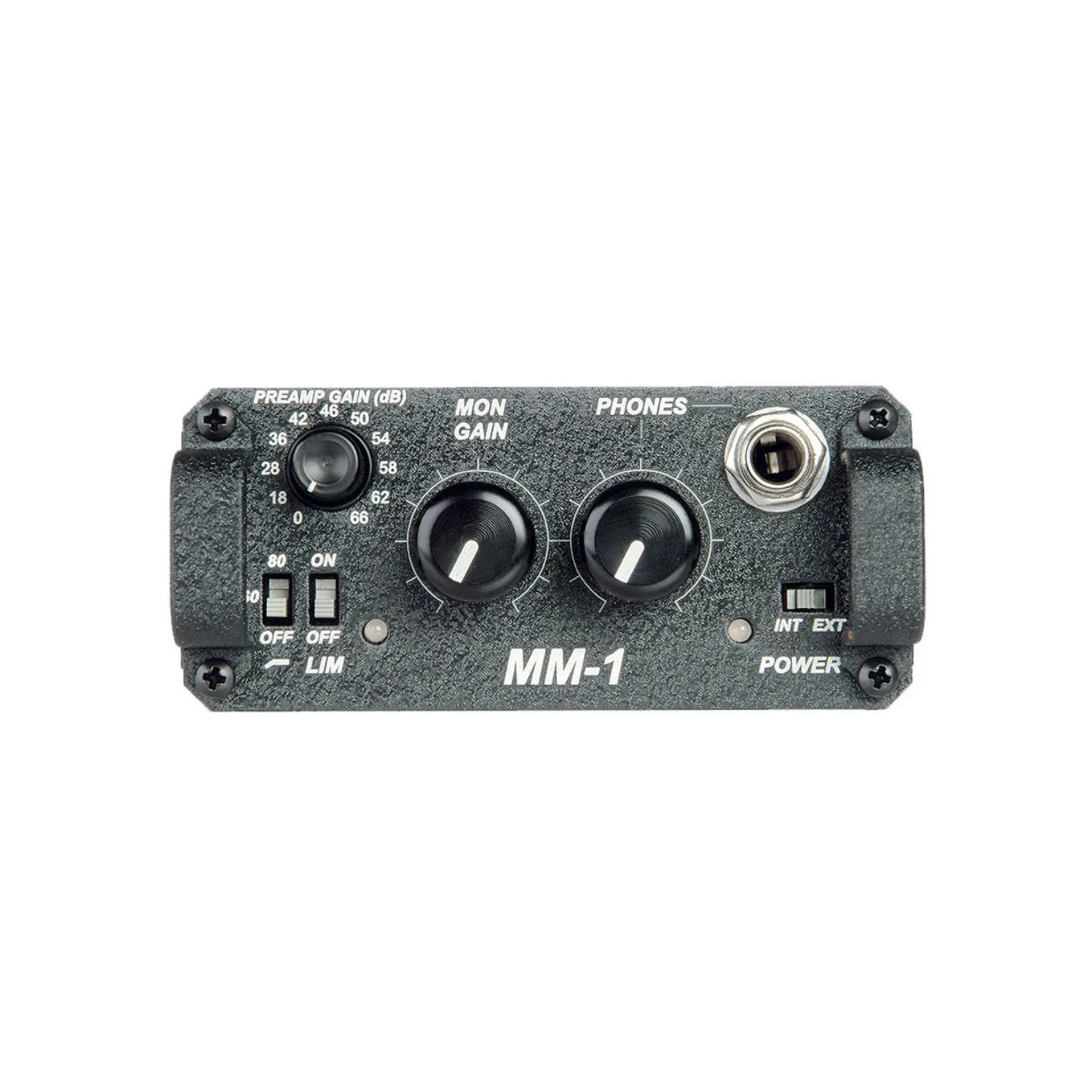 MM-1 mic preamp and headphone amp front panel with Phones and Mon gain controls