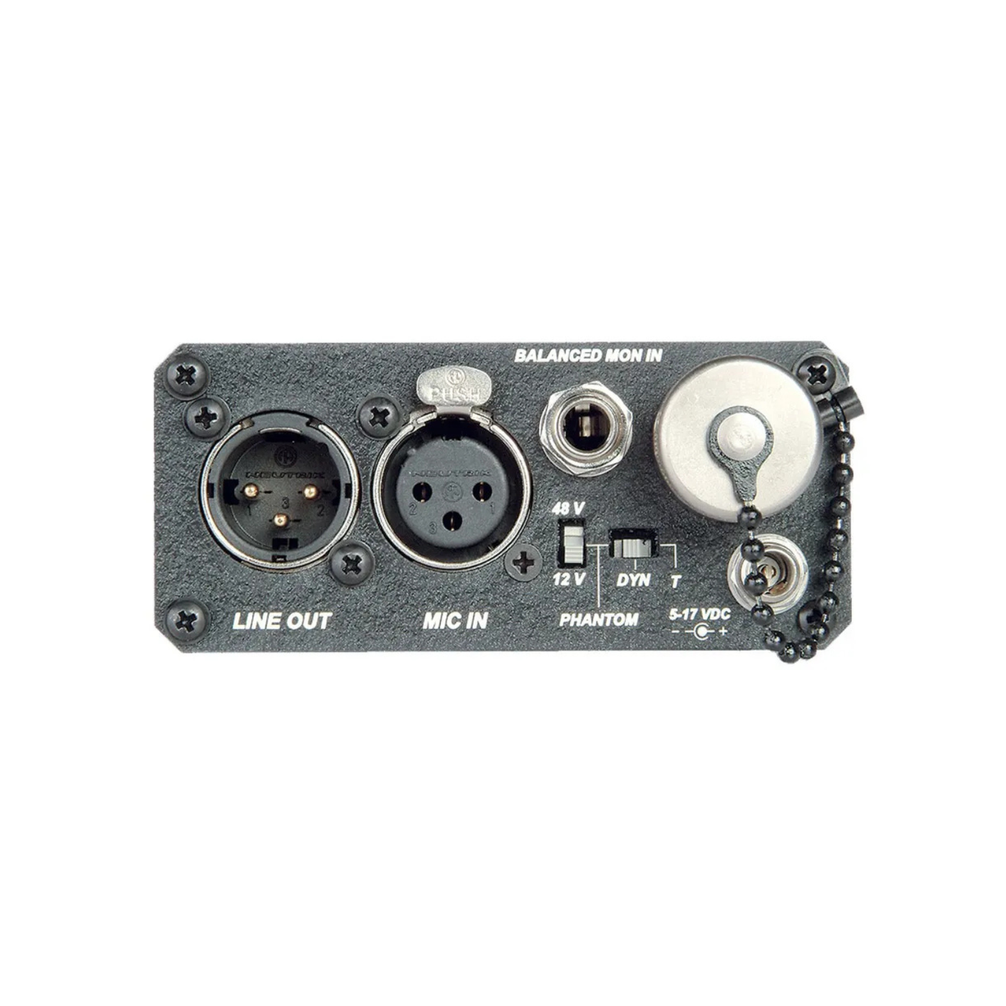 MM-1 mic preamp and headphone amp rear panel with Line Out, Mic In, and Balanced Mon In
