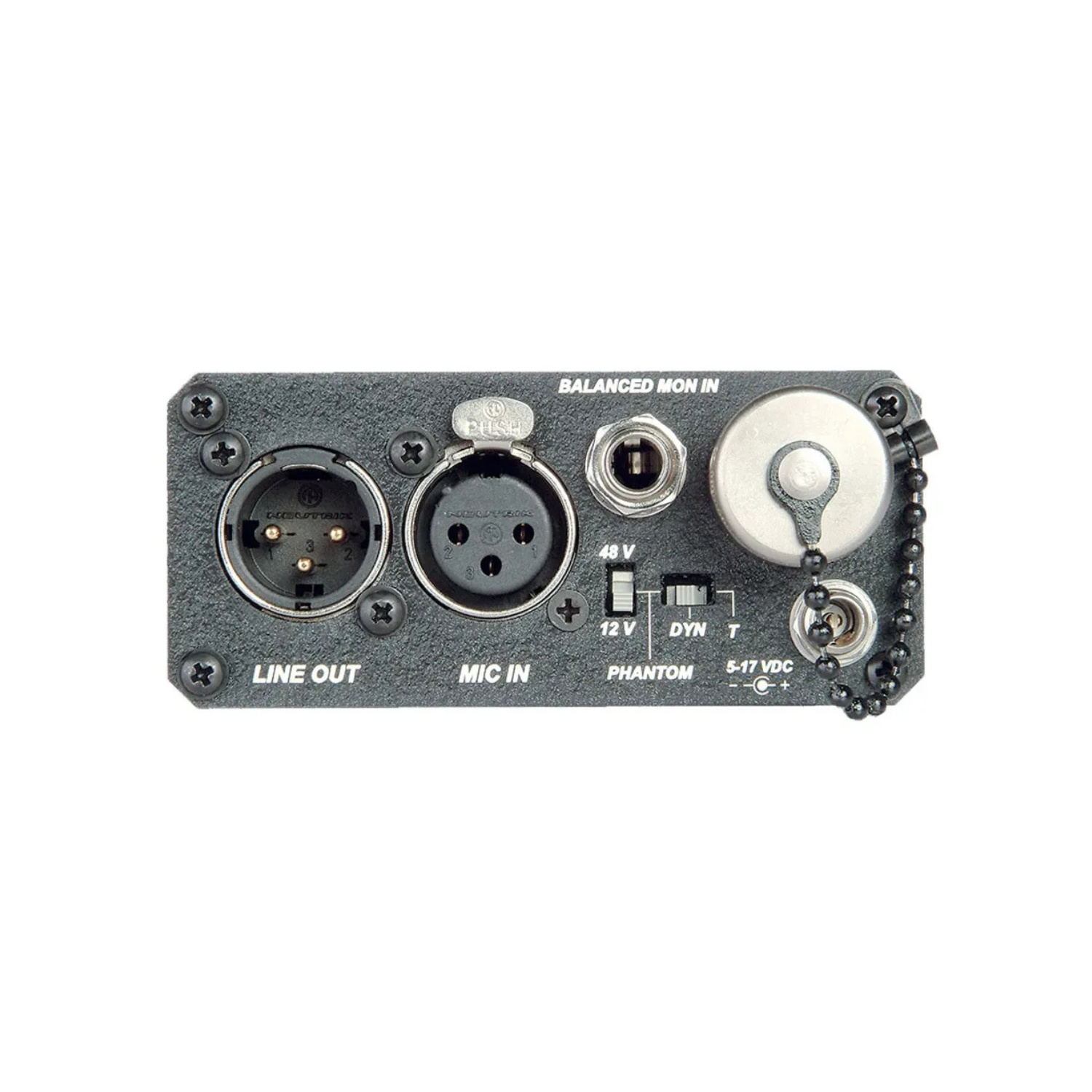 MM-1 mic preamp and headphone amp rear panel with Line Out, Mic In, and Balanced Mon In